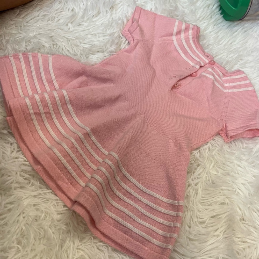 Janie and Jack Baby Pink Striped Knit Short Sleeve Fit and Flare Baby Dress - Picture 3 of 6